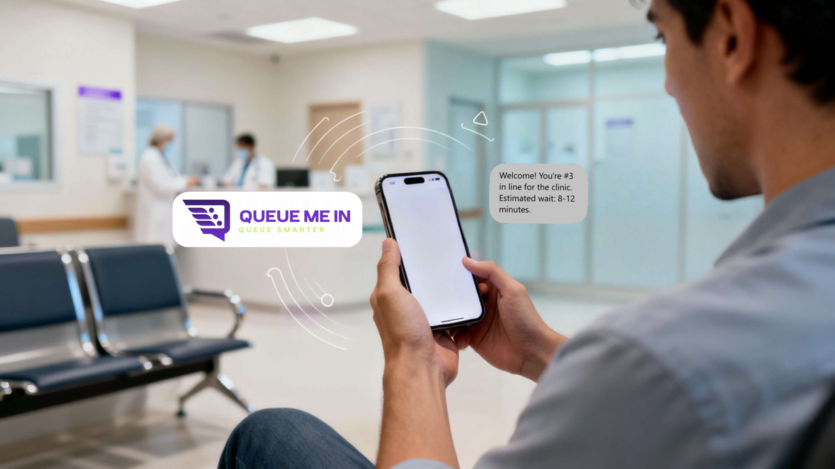 Walk-in clinic waiting room with virtual queue system