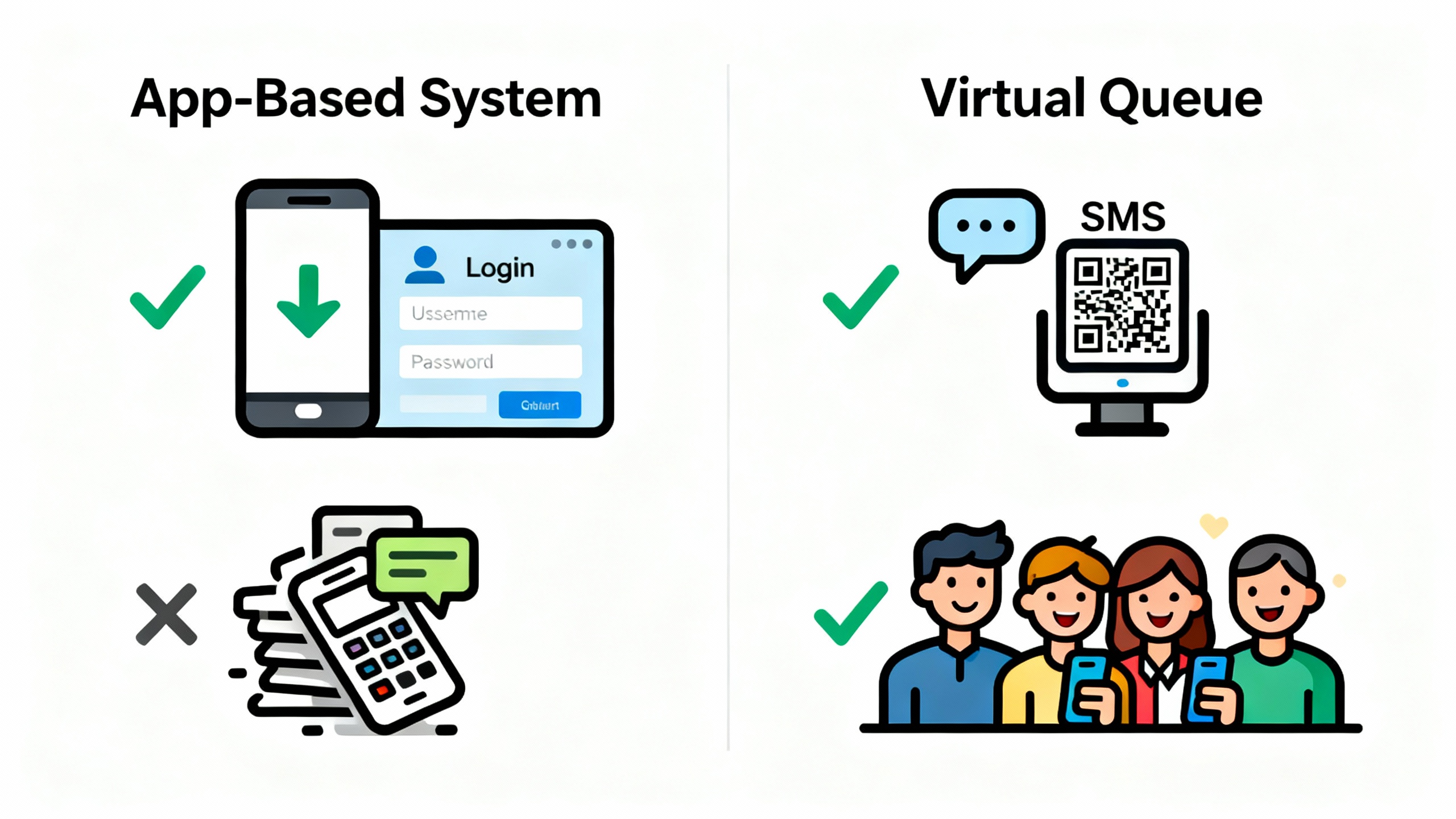 Side-by-side comparison of app-based vs virtual queue systems